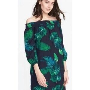 Old Navy 3/4 Sleeve Tropical Blue Green Ruffle Elastic Off Shoulder Dress Sz XL